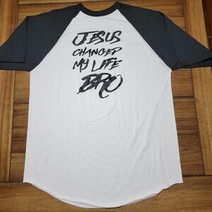 B&W Baseball Style Unisex Tee "Jesus Changed My Life Bro" - Size Large